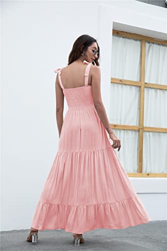 Image of kinstell Women's Summer Boho Spaghetti Strap Square Neck Ruffle Casual Flowy Long Dress Beach Swing Party Maxi Dress