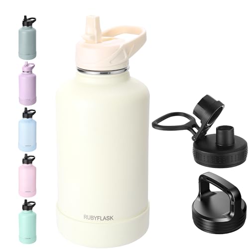 RUBYFLASK Botella de agua aislada de 64 onzas con pajilla, jarra de agua al vacío de acero inoxidable de medio galón, termo grande con 3 tapas a prueba de fugas para viajes, camping, gimnasio,