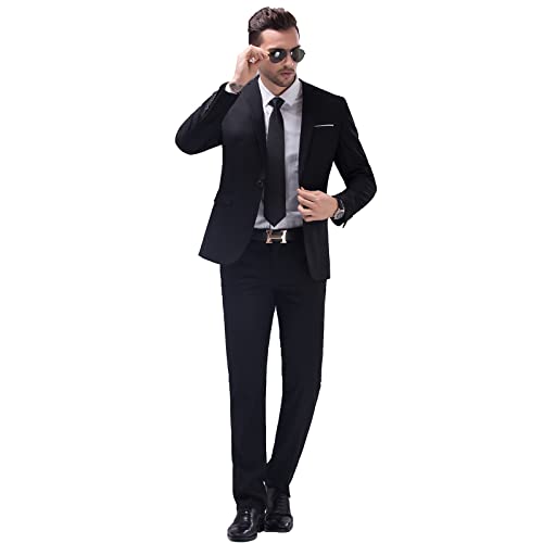 Mgnaie Men Slim Fit 2 Piece Suits One Button Blazer Wedding Prom Tuxedo Single Breasted Jacket Pants Set With Tie Black #TOP9