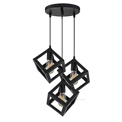 JACKAL Metal 3 Set Vintage Cube Shape Pendant Light | Hanging Ceiling Light with Braided Cord | Decorative, Fancy Lights for Home, Living Room, Café, Restaurants & Bar (Black) - (with Bulb) (B0BLZJWNJ8) Amazon Price History, Amazon Price Tracker
