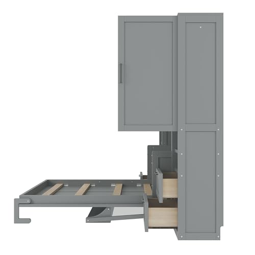 Image of Merax Full Size Murphy Bed with Desk, Closet, Drawers and Shelves, Multifunctional Foldable Wood Platform Bed Frame for Small Spaces Studio Study Office Guest Room, Space-Saving Design, Gray