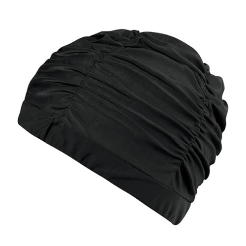 LOXGO Fabric Swim Caps Pleated Swimming Caps for Women Short/Long Hair Swim Caps Bathing Caps Elastic Comfort Swimming Caps, Black
