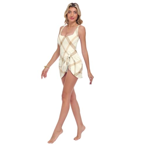 Maillot de bain une pièce beige réglable à carreaux ajustement parfait - 2