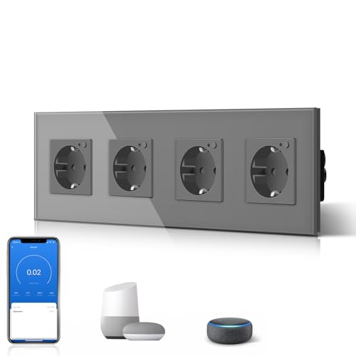 BSEED Enchufe Inteligente WIFI,16A Compatible con Alexa y Google Home,Enchufe Vidrio con Monitor de Energía,4 Enchufes Control Remoto y de Voz y Función de Temporizador 2.4 GHz Gris