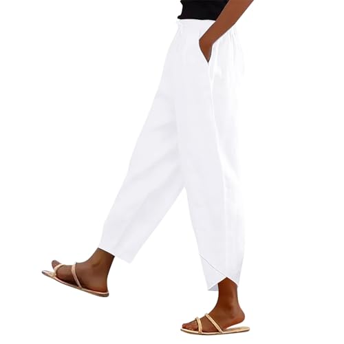 White White Linen Pants Women Cotton Linen Pants Women Petite Casual Elastic High Waist Wide Leg Cropped Pant Summer Vacation Capris Trousers for Ladies Trendy Gauze Clothes