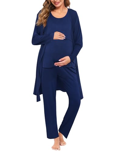 Image of SWOMOG Maternity Nursing Robe Set 3 PCS Women Postpartum Pajamas Breastfeeding Labor Delivery Hospital Pregnancy Pjs