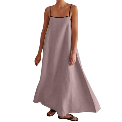Image of Linen Maxi Dress for Women Spaghetti Strap Backless Summer Beach Sundress Flowly Sleeveless Comfy Long Dresses