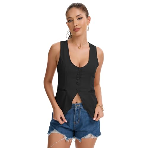 Womens Casual Scoop Neck Vest Summer Sleeveless Fitted Waistcoat Suit Button Down Business Crop Tops3