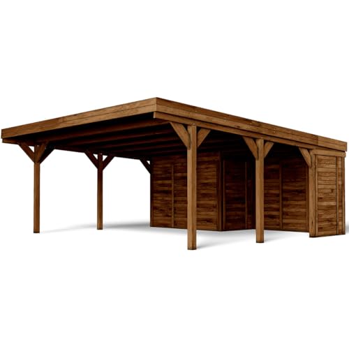 Forest Style - Cochera Doble León con Anexo 39 m² (8,06 x 4,82 x 2,57 m) – Madera de Pino Tratada – Techo de Policarbonato – Aparcamiento Cubierto con Almacén – Estructura Robusta y Duradera