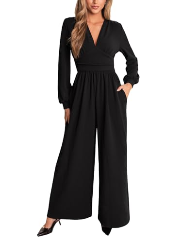 CUPSHE Damen Jumpsuit Tiefer V-Ausschnitt Overall Lange Puffärmel Weites Bein Playsuit Elegant Lässig Büro Hosenanzug Sc...