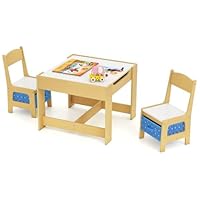 COSTWAY Kids Table Chair Set, Double Side Tabletop Table and 2Pcs Chairs with Storage Box, Activity Desk Nursery Wooden Multifunction Furniture (Natural+Blue)