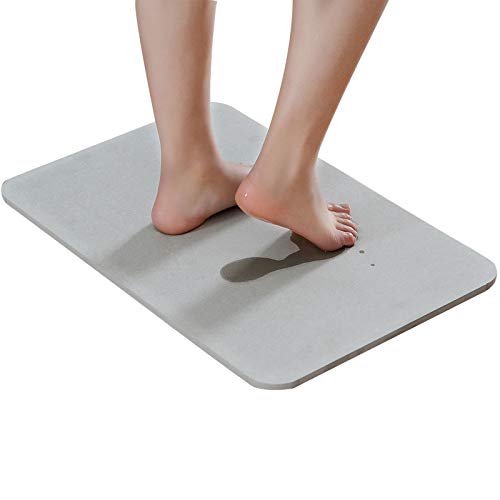 Bath Mat, Absorbent Diatomaceous Earth, Japanese Design, Nonslip Bathroom Floor Mats for Fast Water Drying, Self-Refreshing Hard Shower Mat (Grey)
