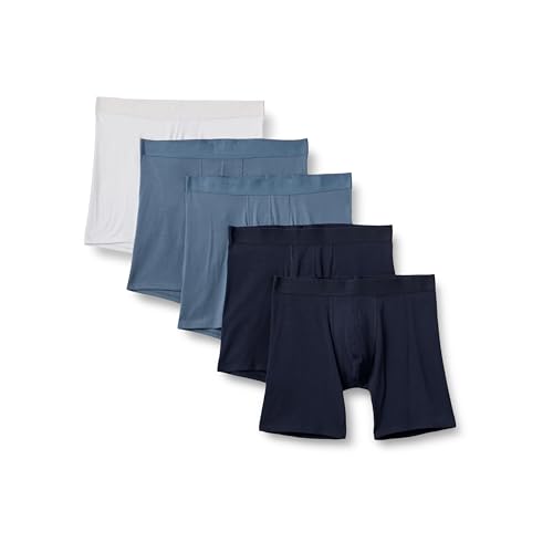 Amazon Essentials Men's Cotton Jersey Boxer Shorts Underwear, Pack of 5, Navy Blue/Blue/White, Small