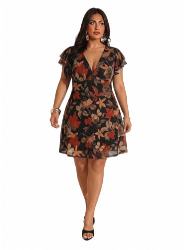 Image of BEAUDRM Women's Plus Size Cocktail Floral Short Dress Deep V Ruffle Short Sleeve Bodycon Mesh Wedding Guest Party Dresses