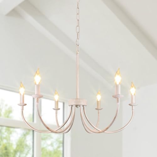 6-Light French Country Chandelier, 26" Antique White Farmhouse Chandelier