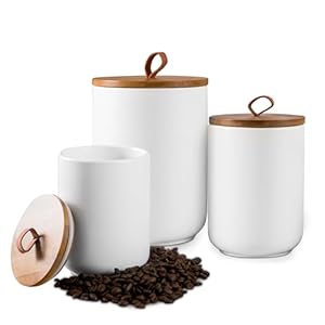 White Canister Sets for Kitchen, 3pcs Ceramic Canisters with Airtight Wooden Lid, Food Storage Jar, Large Kitchen Storage Containers for Serving Coffee Beans, Tea, Sugar, Salt, Spices