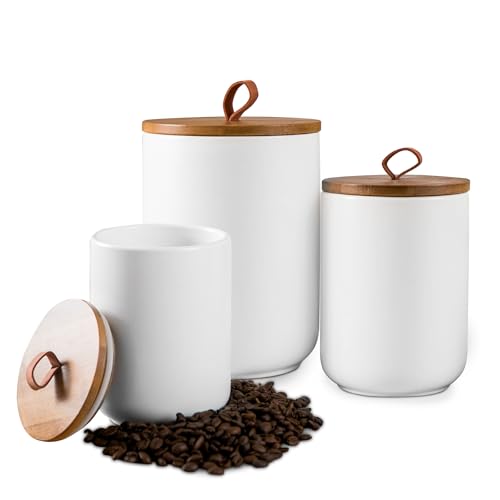 Tenforie White Canister Sets for Kitchen, 3pcs Ceramic Canisters with Airtight Wooden Lid, Food Storage Jar, Large Kitchen Storage Containers for Serving Coffee Beans, Tea, Sugar, Salt, Spices
