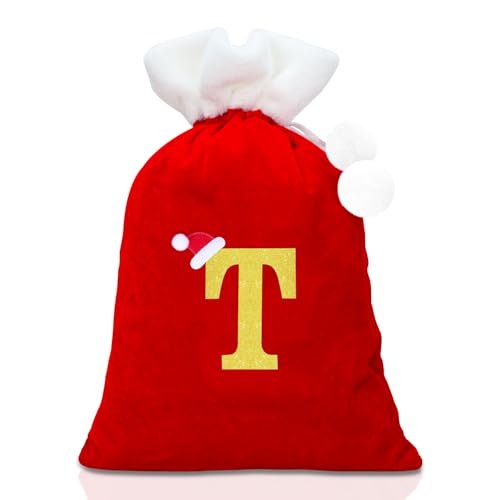 Alederways Christmas Sack Santa Bags, Red Monogram Knitted Storage Personalized Embroidered Stocking Bag for Xmas Gift Present Toys Party Decorations 55x37cm (T, Sack)