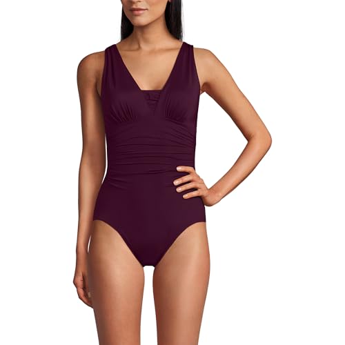 Lands' End Women's Long Torso SlenderSuit Grecian One Piece Swimsuit 14 Dark Wine