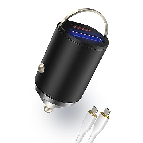 USB C Car Charger, YIHAIXINGWEI Fast Car Charger Dual Port, Mini Metal Cigarette Lighter USB Charger for iPhone14/13 Pro Max Samsung S23/S22 (Pull Ring, Black1)