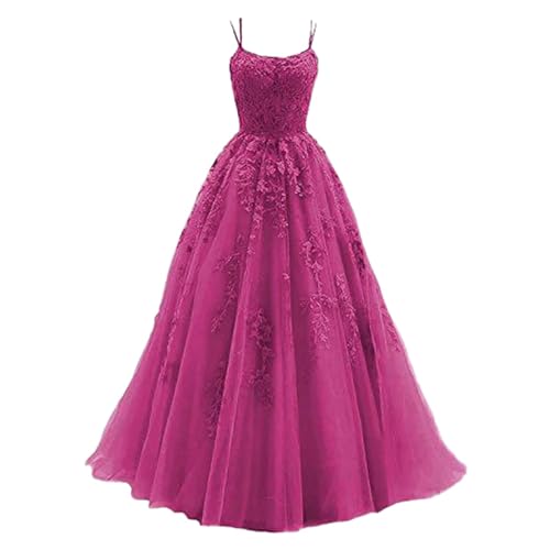 Prinzessin Kleid Damen, Ballkleid Damen Aus TüLl Mit SpaghettiträGern Lange Spitzenapplikationen Brautkleider - A Linie Formelle Party Abendkleider...
