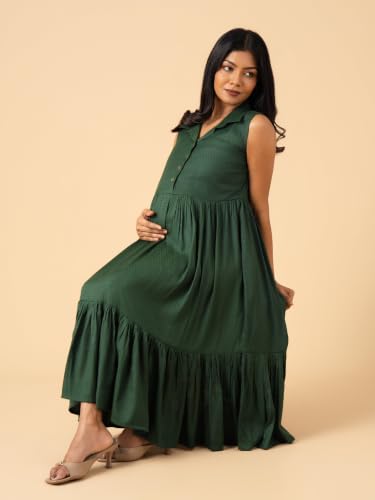 Image of The Mom Store Printed Maternity & Nursing Dress for Women | Cotton | Feeding Dress | Midi Dress | Pregnancy & Postpartum Wear | Stylish Causal Wear Dress for New Mom