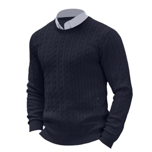 Fxbar Mens Cardigans Sweaters Mens Crewneck Sweater Soft Pullover Sweaters Long Sleeve Knitted Textured Jumper Fall Winter Outwear, Navy-a, Medium