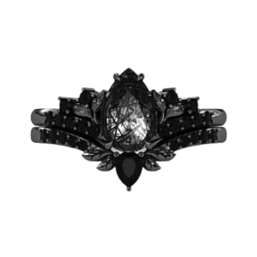 IVANKA Black Gold Rutilated Quartz Engagement Ring Set Women, 925 Sterling Silver Leaf Shaped Nature Inspired Gothic Black Stone Ring, Rutile Quartz Ring Set