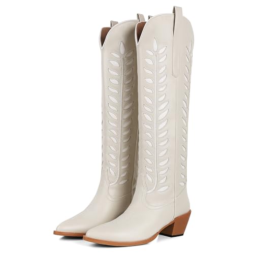 Synchoiss Cowboy Boots for Women Knee High with Retro Embroidered Cowgirl Boots Almond Pointed Toe Chunky Heel Western Tall Boots Pull on