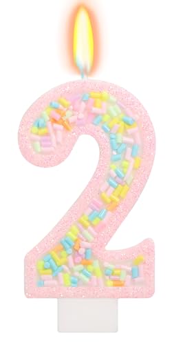 ElekFX Number 2 Candle with Sprinkles Pastel Pink Unicorn Rainbow Cake Topper Two Sweet Birthday Decorations for Girl 2nd Birthday Party Supplies