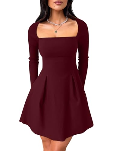 YMDUCH Women's Sexy Long Sleeve Square Neck Adjustable Straps Bow Tie A-line Mini Party Club Dress