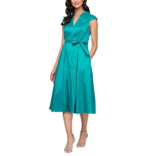 Image of Alex Evenings Women's Stretch Taffeta Wedding Guest Dress with Full Skirt, Pockets, and Tie Belt (Petite and Regular Sizes)