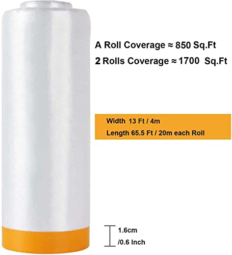 Pre-Taped Masking Film 13Ft X 130Ft Painters Plastic Sheeting Roll, Clear Plastic Sheeting Cover Plastic Drop Cloths For Painting, Automotive Appliance (2 Rolls, 65Ft Per Roll) #TOP1