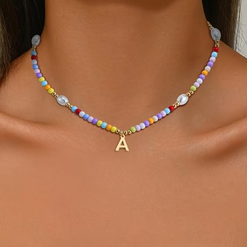 Colorful Initial Necklace for Girls Kids Women, Handmade 14K Gold Plated Colorful Initial A-Z Letter Necklace Teen Girls Gifts Trendy Stuff Birthday Gifts for 5 6 7 8 9 10 11 Year Old Girl Gift4