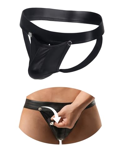 ohyeahlady PU Leder Strings für Herren Tanga mit Öffnung Sexy Unterwäsche Große Größen Dessous Reizwäsche Ouvert Slip Wetlook Unterhosen Thong...