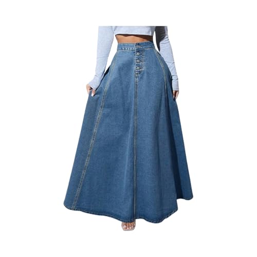Women's Retro Flared Long Jean Skirt-High Waist Button Front, Pleated Flowy Swing Maxi Skirt in Classic Denim Wash