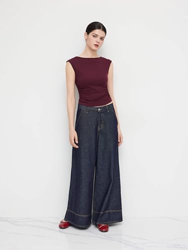 Image of CIDER Boat Neck Tops for Women Sleeveless Ruched Crop Tank Tops | Slim Fit, Trendy Summer Outfits, Casual Tee Shirt