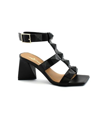 Chaussures femme : sandale noir à talon triangle et clous 0470TP avec bride boucle