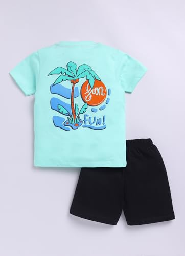 Image of LITTLE NINJA Cotton Half Sleeves Beach Theme Printed Coordinating Tee & Shorts Set - Green & Black
