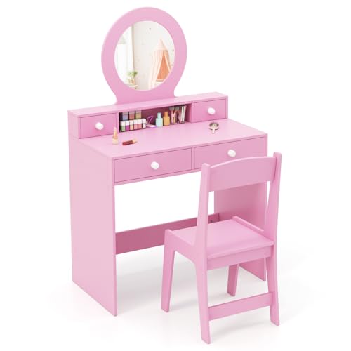 GLACER Kids Vanity, Girls Vanity Set with Mirror and Stool and Lights, 2 in 1 Princess Makeup Dressing Table Set with 4 Drawers, Open Storage Compartment, Pretend Play Vanity Table and Chair (Pink)