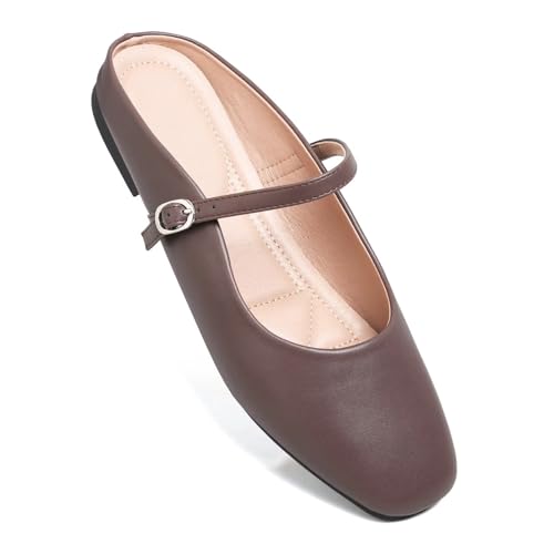 Image of TN TANGNEST Leather Flats for Women Retro Mary Jane Flats | Comfortable Square Toe Slip On Flats with Buckle Strap, Soft Work Flats Office Shoes