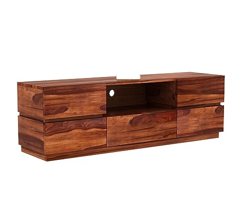 Image of Rustic Solid Sheesham Wood TV Unit Chest of Drawers for Living Room - 5 Drawers and 1 Shelf Storage - Accommodates up to 60 Inch TV (Bayern, Honey Finish)