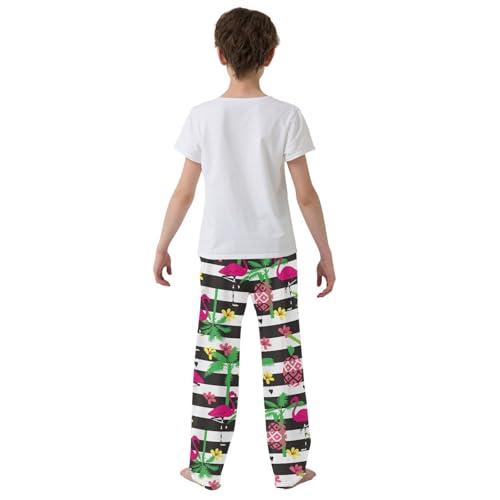 Flamingo Striped Flowers Boys Long Pants Soft Trousers Elastic Waist Kids Lounge Bottoms with Pockets S-XL3