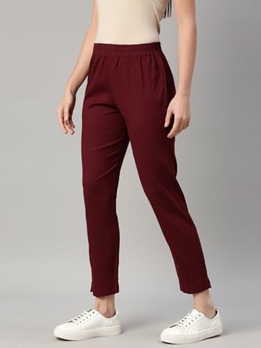 Image of MINELLI Women Solid Cigar Pants, Cotton Lycra Slub Fabric, Elasticated Waistband, Pull On Style, Regular Fit Bottom Wear for Western and Ethnic Wear