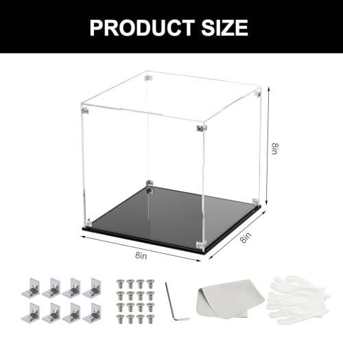 Image of 8x8x8Inch Clear Acrylic Display Case for Collectibles Assemble | Cube Box Dustproof Protection Showcase with Black Base, Alternative Glass Case for Display Figures Toys Home Storage Box