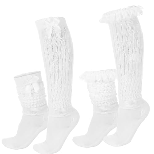 Suhine 2 Pair Oktoberfest Socks German Dirndl Knee High Socks with Bows Lace Trim Ruffle White Stockings for Women(Bow Lace)