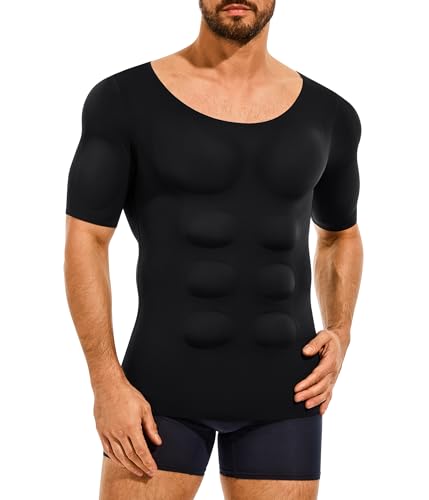Nebility Padded Mens Compression Shirt - Short Sleeve Men Body Shaper Fake Muscle Shirts Body Builder Suit Removable Pad - Black Large
