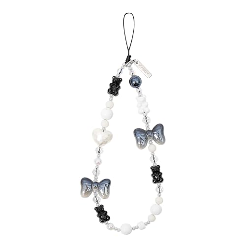 KASEY BLACK BEAR CHAIN Bonita cadena de cuentas negra con osito y lazo para teléfono o bolso, accesorio de teléfono, correa para teléfono, cordón para teléfono.