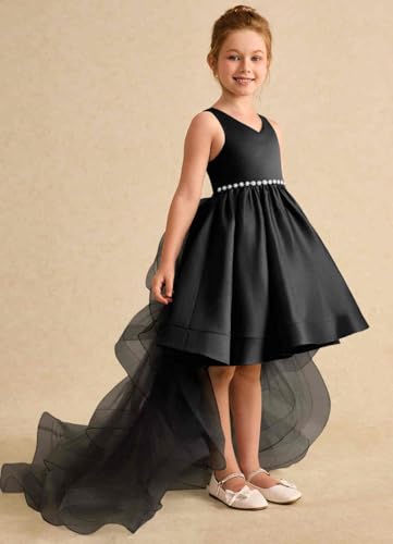 Girls Pageant Tulle Train Beaded Ball Gowns for Teens Satin Sleeveless Flower Girl Dress3