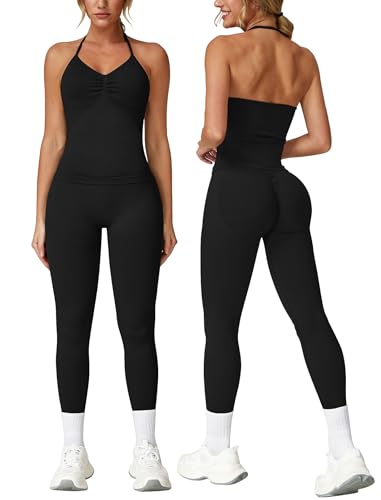 ABOCIW Workout Sets for Women Seamless Scunch Butt Lifting Impact Leggings Longline Strappy Top 2 Piece Gym Outfits
